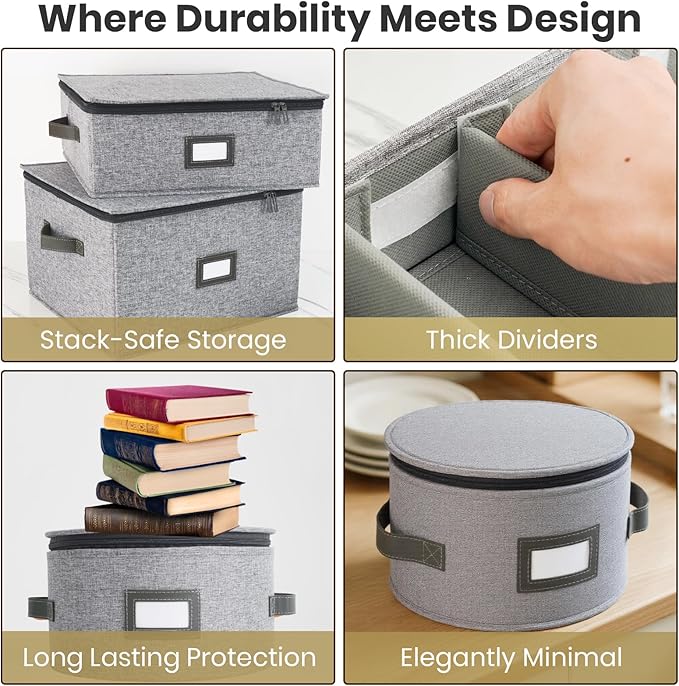 HOMELUX THEORY Plate Storage Box, 4pc Light Gray Hard Shell China Storage Containers with 48 Felt Pads, Kitchen Storage Bins With Lids, Moving Box with Handles for Dishes, Dinner Plate & Platter