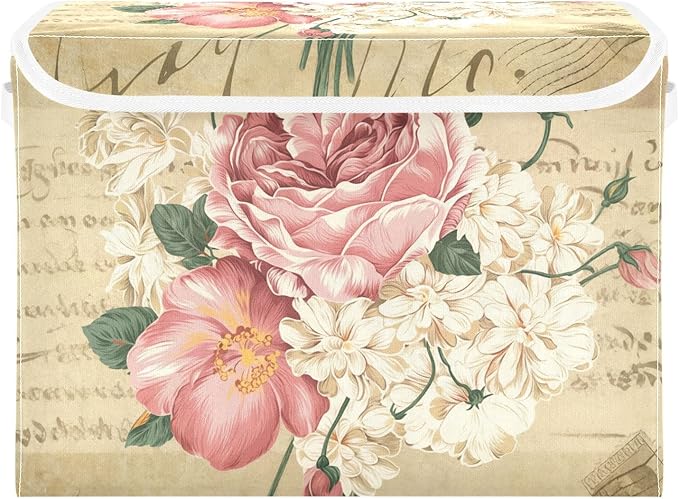 senya Flower Baskets Collapsible Storage Bins with Lids, Vintage Rose Floral Storage Boxes Clothes Baskets for Organizing