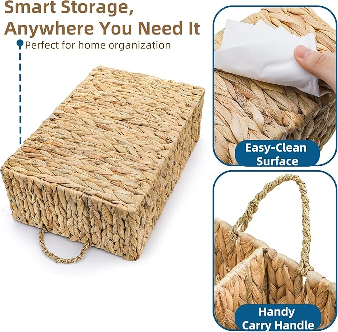 Water Hyacinth Storage Basket, 4 Section Natural Wicker Storage Bin, Woven Storage Organizer with Handle, Large Divided Basket for Shelves Countertop Bathroom Pantry, 16" L x 10.5" W x 5.5" H