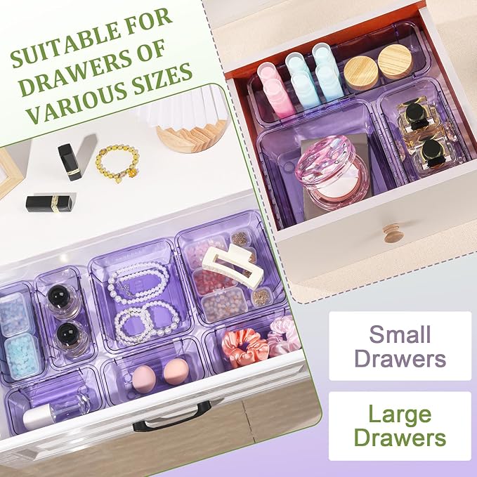 15 Pcs Adjustable Clear Drawer Organizer, All Extendable Vanity Storage Bins, Desk Drawer Organizer Set for Makeup, Cosmetics, Bedroom, and Gadgets, Purple