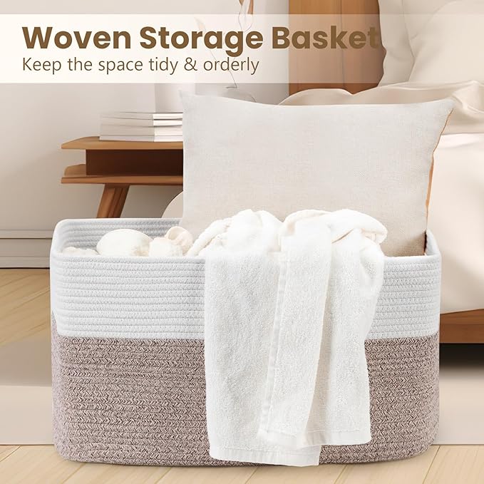 95L Large Blanket Basket, Woven Storage Baskets with Reinforced Handles, Rope Laundry Basket for Living Room, Bedroom, Nursery, Toys, Clothes,Pillows, 24â x 17â x 13.5â, White & Brown