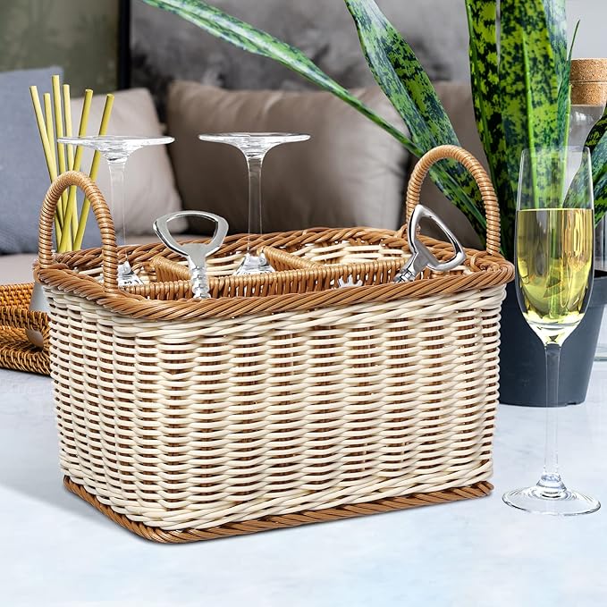 Wicker Flatware Organizer, Cutlery Holder for Countertop, Woven Cutlery Storage with Handles, 4 Compartments Utensil Tableware Basket