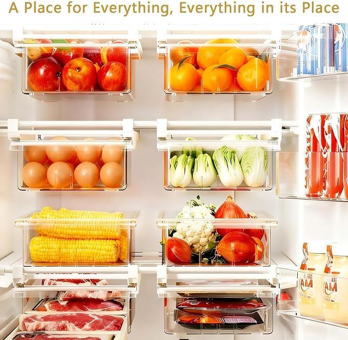 Refrigerator Drawer Organizers, Fridge Drawer Organizer, Pull Out with Handle, Clear Container for Food Drinks, Fit for Refrigerator Shelf Under 0.6 Inch, Easy to Install（2-Pack）