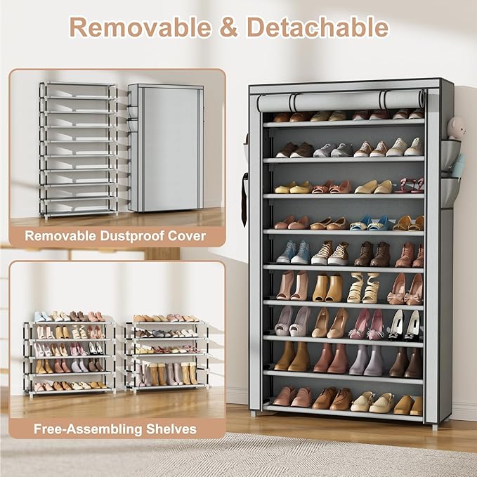 Shoe Rack with Cover Narrow Shoe Organizer with Pockets 10 Tier Tall Shoe Storage Holds 36-41 Pairs Shoes and Boots Shoe Rack for Closet Entryway Garage, Grey