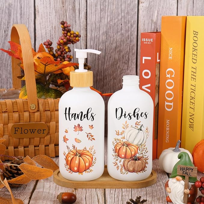 2Pcs Fall Soap Dispenser White Orange Pumpkin Leaves Glass Dispenser with Pump 16 Oz Refillable Liquid Soap Container for Autumn Harvest Thanksgiving Kitchen Bathroom