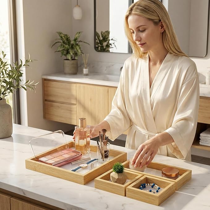 Small Bathroom Countertop Wooden Tray Set of 4 for Vanity and Toilet Tank, Stackable Desk Drawer Organizer, Wood Color