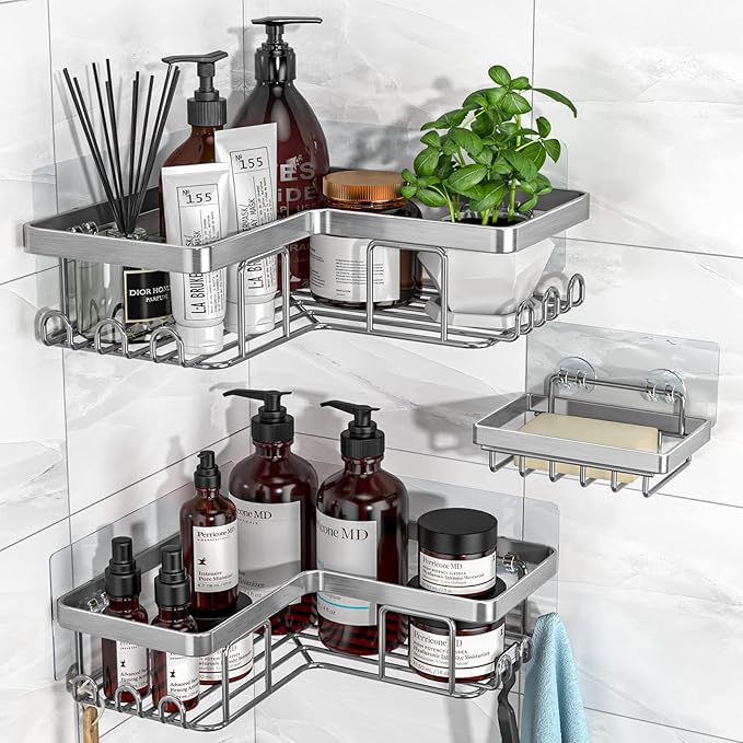 YASONIC Corner Shower Caddy, 3-Pack Adhesive Bathroom Caddy with Soap Holder and 12 Hooks, Rustproof Stainless Steel Shower Organizer, No Drilling Wall Mounted Shower Rack, Brushed Silver
