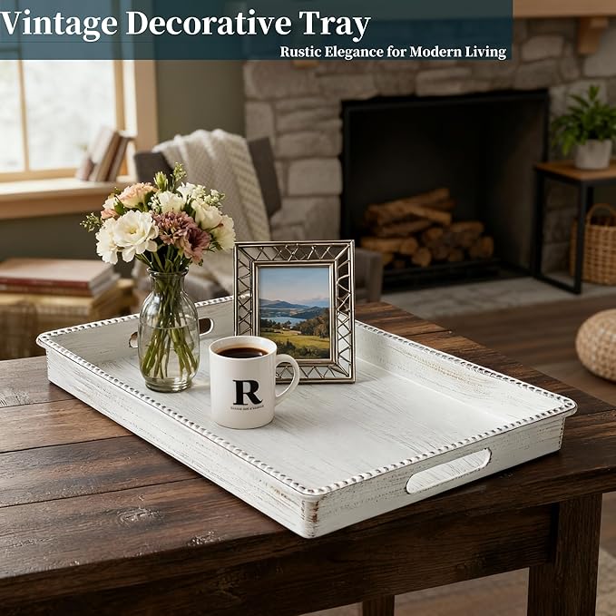 Zosenley Decorative Tray, Rectangular Plastic Tray with Handles, Modern Vanity Tray and Serving Tray for Bathroom, Kitchen, Ottoman and Coffee Table, 15.6â x 10.2â (Retro White)
