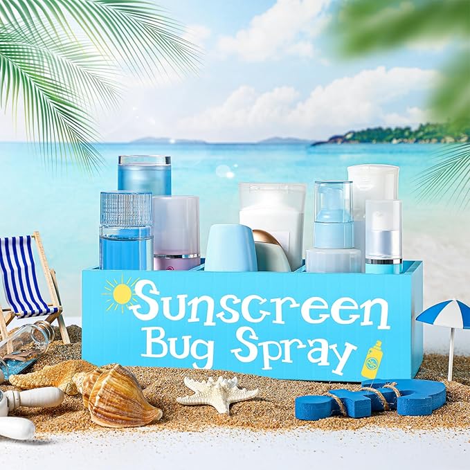 Sunscreen Bug Spray Storage Basket Blue Summer Wooden Box with 3 Compartments Toilet Tank Tray for Indoor Outdoor Swimming Pool Decor Sunblock Sunglasses Beach Pool Toy Storage Box