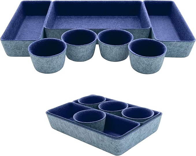 Teeo - Organizer for Drawers - Desk Drawer Organizers and Storage - Make Up Draw Organizers - Kitchen Drawer Organization - Home Office Cosmetic Bins Dividers Box Compartment - Pack of 7, Navy