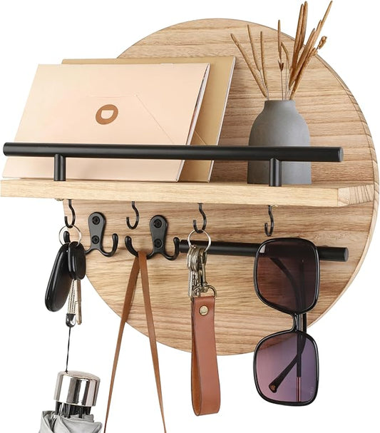 Key Holder for Wall with Shelf - Wood Mail Organizer and Rack with Shelf Hooks Wall Mounted for Entryway Decor Magazines Letter Storage Farmhouse Living Room Bedroom Doorway (Nature)
