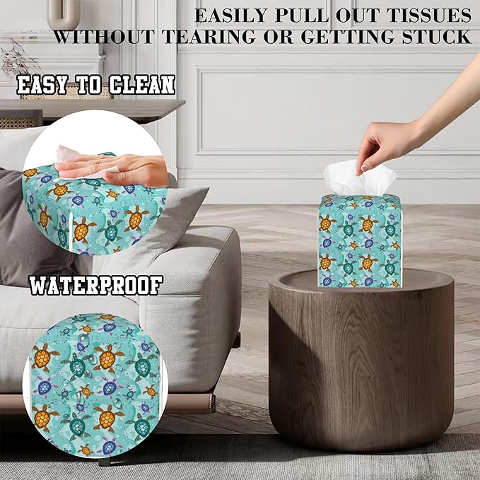 Tissue Box Holder Colorful Turtles on Sand Square Leather Tissue Box Cover Modern Cube Facial Paper Cover Case for Bathroom Vanity Countertop Night Stands Tabletop
