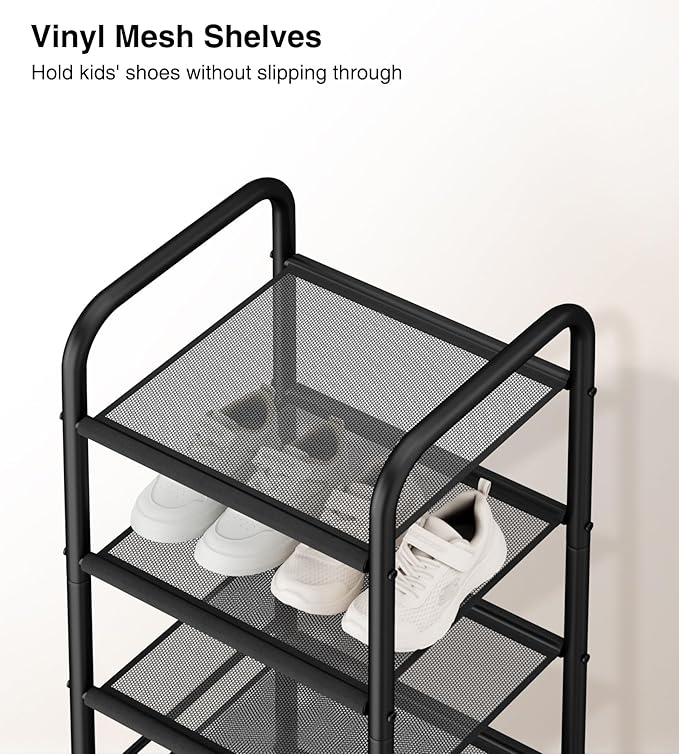 STO STO 10-Tier Narrow Shoe Rack with Sturdy Mesh Shelves, Slim Tall Metal Shoe Organizer for Entryway, Closet, Hallway, Holds 10 Pairs, Vertical Free Standing Shoe Storage Shelf, Black