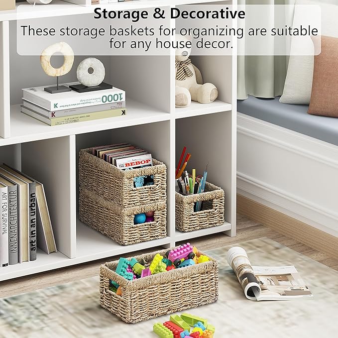 Vagusicc Storage Basket Wicker Baskets for Organizing with Handles Decorative Storage Bins for Countertop Toilet Paper Basket for Toilet Tank Top Small Baskets (13.2x8x6.3 inch, 2 Pack)