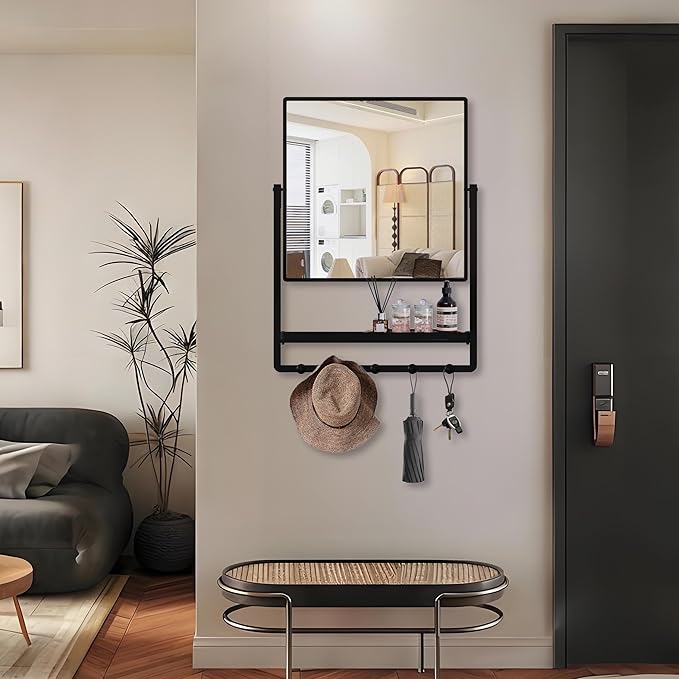 WONSTART Modern Black Square Wall Mirror with Shelf and Hooks, 21.7 x 29.3 Inch Large Bathroom Mirror with 10° Adjustable Tilt for Entryway, Living Room, Hallway, Bedroom