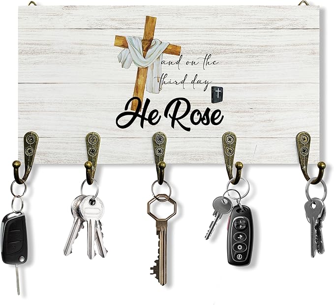 Easter He is Rise Key Holder for Wall 10"x5.12", Christ Jesus Bible Key Hanger Wall Mount, Christian Religious Cross Rustic Wooden Hanging Keys Holder Decor for Entryway Front Door（5 Hooks）