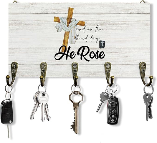 Easter He is Rise Key Holder for Wall 10"x5.12", Christ Jesus Bible Key Hanger Wall Mount, Christian Religious Cross Rustic Wooden Hanging Keys Holder Decor for Entryway Front Door（5 Hooks）