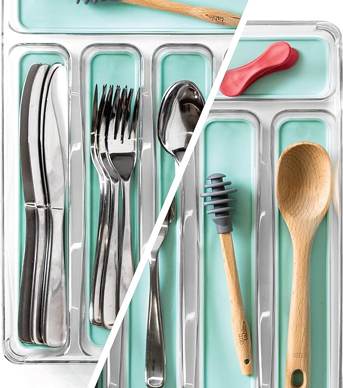 BINO 5-Slot Silverware Organizer for Drawer | Plastic Utensil Organizer for Kitchen Drawers | Silverware Tray for Drawer Organization | Utensil Kitchen Drawer Organizer w/Grip Lining (Aqua)
