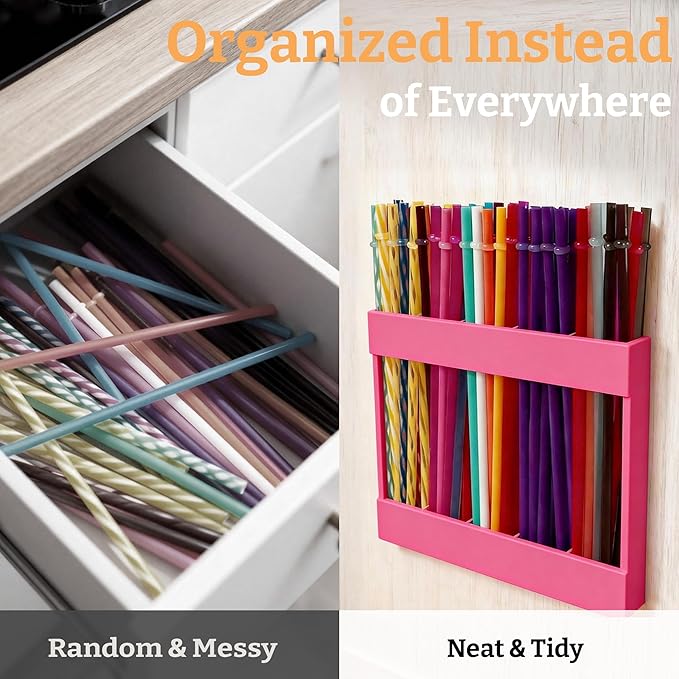 9.5” Large Acrylic Straw Holder for Cabinet Door with Detachable Ultra Sticky Adhesive Squares and Stickers, 2026 Reusable Straws Organizer Storage Dispenser for Kitchen Counter Cupboard