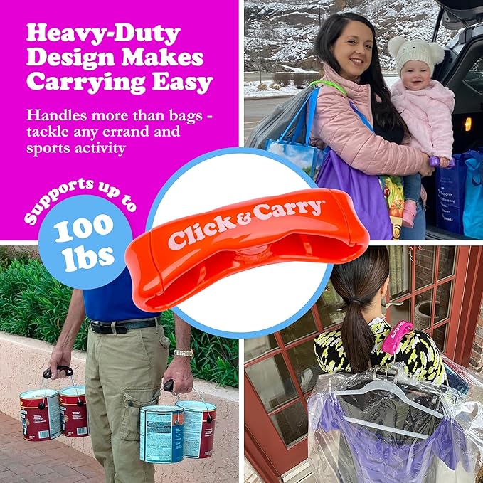 Click & Carry Grocery Bag Carrier Handle - Carry More in Fewer Trips, 100lb Capacity, Hands-Free, Gel-Padded Ergonomic Design, Shopping & Grocery Bag Holder - As Seen On Shark Tank, Red, 1 Pack