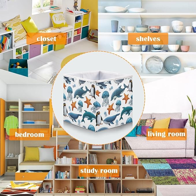 Blueangle Sea Animals Cube Storage Bin, 11 x 11 x 11 in, Large Collapsible Organizer Storage Basket for Home Décor
