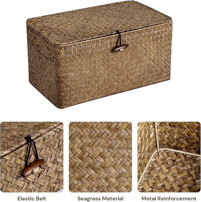 Natural Seagrass Storage Baskets with Lid,Multipurpose Home Organizer Bins Boxes for Shelf Organizer,Decorative Storage Bins