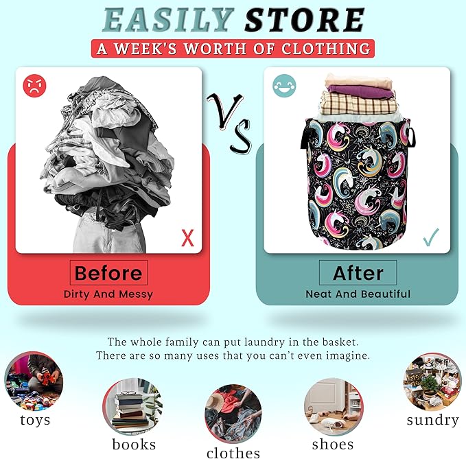 Colorful Unicorn Laundry Basket Foldable With Handles Tote Bag Oxford Cloth Funny Animal Laundry Hamper Clothes Storage Bucket Toy Organizer 18.9" x 16.5" For Bathroom/Laundry/Bedroom