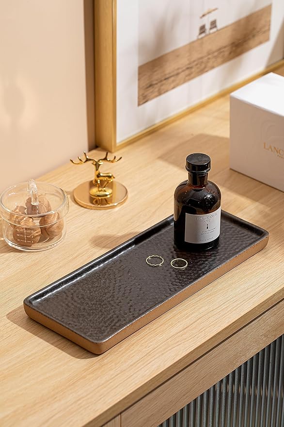 Vanity Tray with Brown Trim, Candle Tray, Bathroom Countertop Perfume Holder Organizer, Decorative for Dresser, Table, Countertop, Home dÃ©cor, Rectangular, Black, 12''Ã4.7''