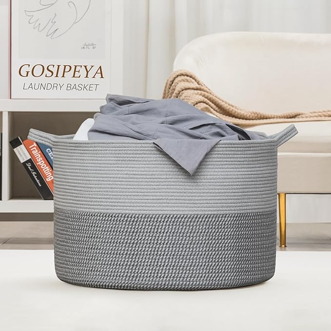 XXXLarge Woven Cotton Rope Basket (21.7" x 13.8") 90L – Blanket Basket for Living Room, Laundry Hamper, Baby Laundry Hamper, Toy Storage, Pillows & Cushions Organizer (Mixed Grey)