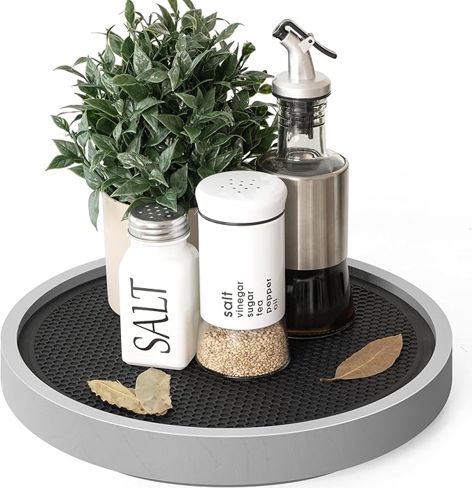 EOSAHR Farmhouse Non-Skid Wooden Lazy Susan for Countertop â 10.5" Lazy Susan Organizer as Spice Rack & Bathroom Counter Organizer with Rubber Mat - Perfect for Kitchen Counter Tray (Gray)