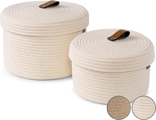 DENJA & CO Set of 2 Decorative Storage Baskets with Lids - Round Woven Baskets for Home Decor and Organizing - Small Shelf Baskets with Leather Tabs and Handles - Decorative Storage and Organizer Bins