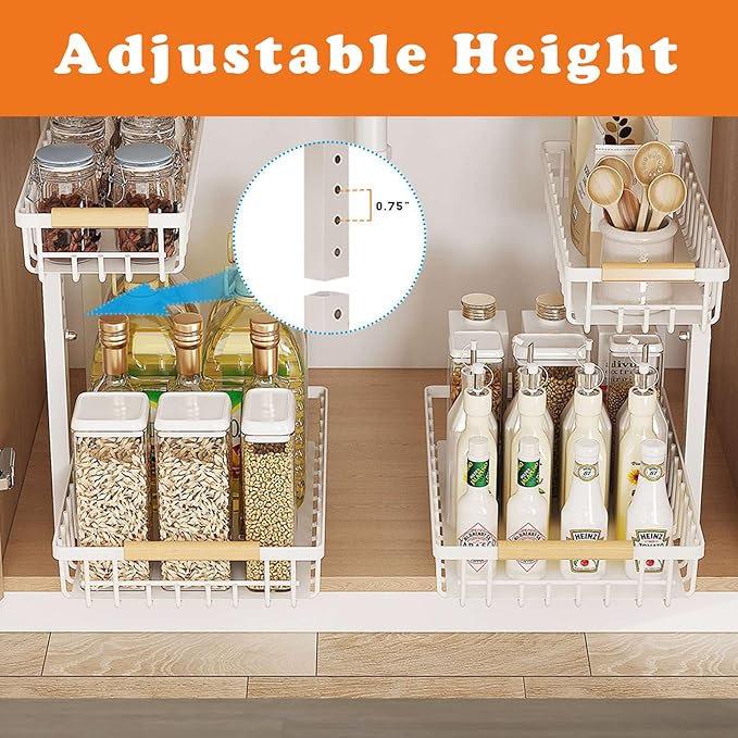 2 Pack Under Sink Organizer Cabinet for Kitchen Bathroom, 2 Tier Metal Slide Out Under Sink Drawers, Adjustable Height, Under Sink Pull Out Organizers and Storage, White,13.7" H-17 H