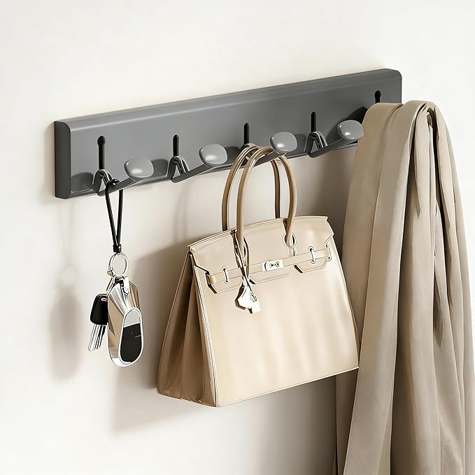 Foldable Coat Rack Wall Mount Hooks Grey Coat Rack with 5 Hooks Wall Hooks for Hanging Hat Key Bag Towel Coat Holder Towel Hooks for Bathroom Entryway Bedroom Kitchen Utility Room