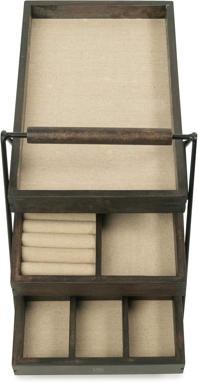 Umbra 1004037-048 Terrace Jewelry Tray â Three-Tier Jewelry Tray With Three Sliding Linen Lined Wood Trays With Metal Frame and Handle, Easy Storage and Access, Black/Walnut Finish