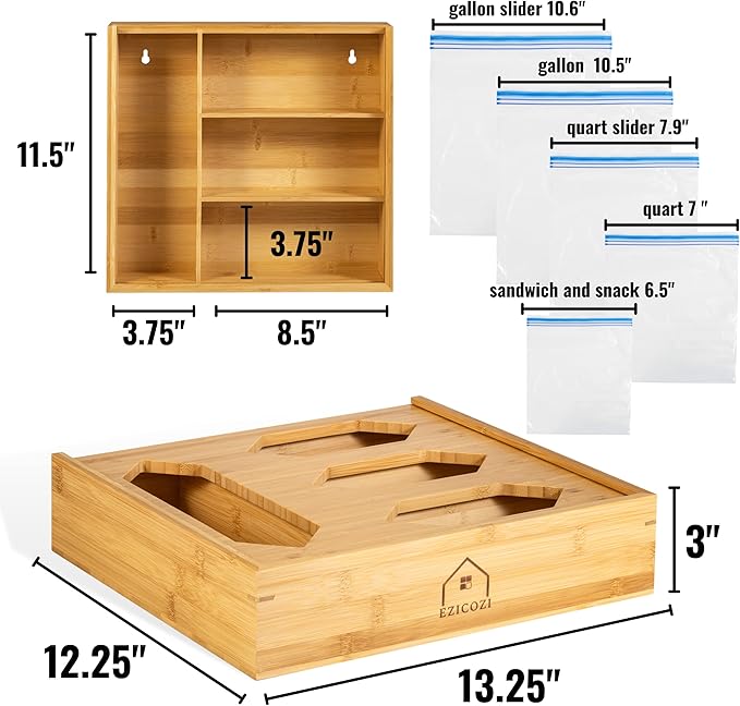 Durable Storage Solution with Kitchen Drawer Organizer - Durable Bamboo Material, 4 Storage Compartments, For Ziplock Gallon, Snack, Sandwich, and Quart Bags, Complete with Label Stickers