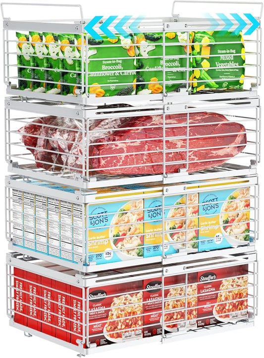 iSPECLE 4 Pack Freezer Organizer Bins, Adjustable Wire Baskets for 10 to 20 Cu.Ft Chest Freezer, Stackable Storage with Handles, Deep Freeze Organizer for Meat & Vegetables, White