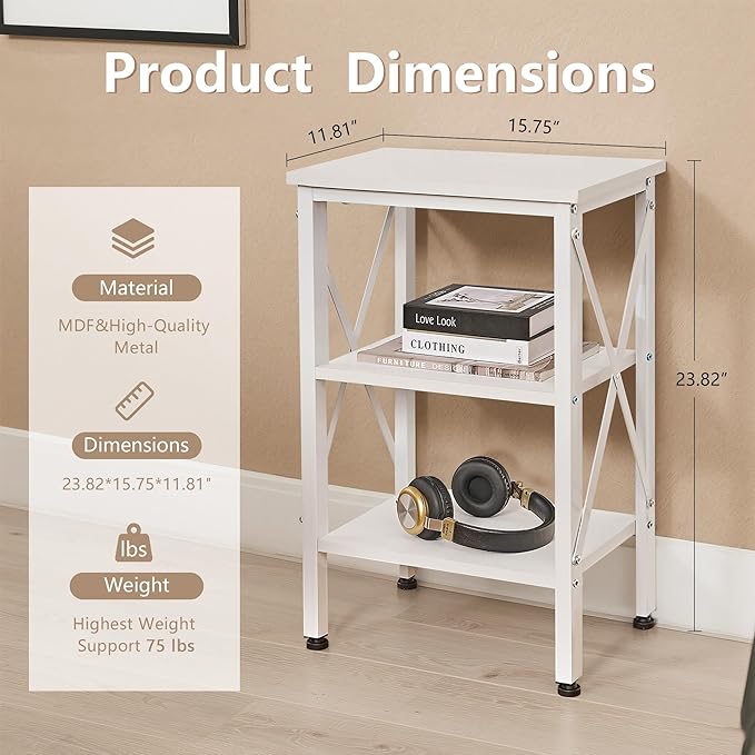 VECELO End Table, 24" Tall Living Room Side Tables, X-Design Reinforced Bedside Table, Nightstands with 3-Tier Storage Shelves for Small Spaces, Office, Bathroom, Bedroom, Pearl White, 1 Pack