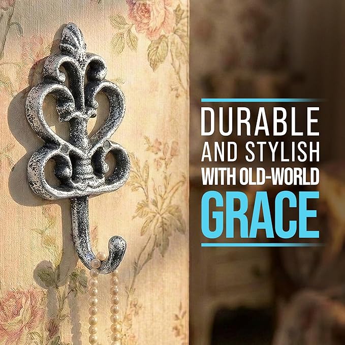 Comfify Shabby Chic Decorative Wall Hooks - Set of 3 - Cast Iron French Country Wall Decor - Farmhouse Hangers for Coats, Purses and More - Silver with Black