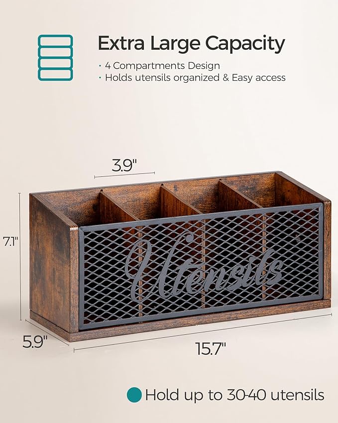 Extra Large Kitchen Utensil Holder with 4 Compartments, Wooden Cooking Utensil Holder for Counter, Farmhouse Utensil Organizer for Countertop, Spatula Holder, Rustic Kitchen Decor, Brown