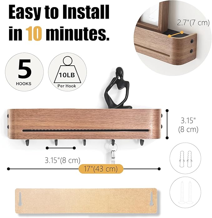Modern Key Holder Wall Mount with 5 Retractable Hidden Hooks,Heavy Duty Coat Rack Wall Mount,Finland-Designed Entryway Organizer,17 inch,for Entryway,Living Room,Kitchen,Hallway,Walnut