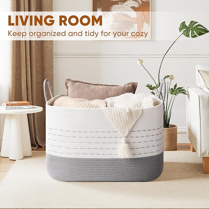 XXL Large Blanket Basket for Living Room, 108L Woven Storage Baskets for Organizing, Rectangle Cotton Rope Basket Toy Chest With Handles-Grey & White