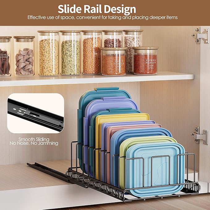 Housolution Pull Out Food Container Lid Organizer with Sliding Rail, Slide Out Plastic Lid Holder Compatible with Tupperware, Metal Storage Rack with 10 Adjustable Dividers for Cabinet, 2 Pack