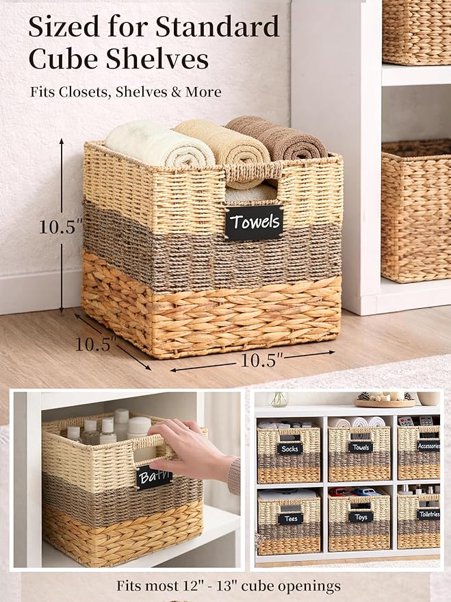 Storage Basket, 10.5x10.5x10.5 Inch Storage Cubes, Water Hyacinth Wicker Basket for Storage, Handmade Woven Baskets for Organizing, Set of 4 Wicker Storage Baskets for Shelves
