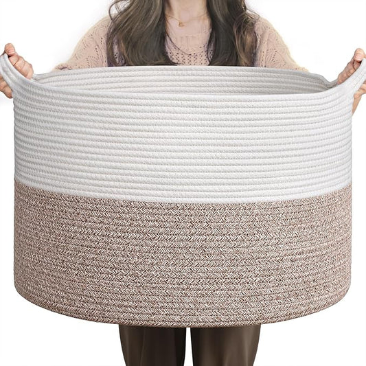 INDRESSME Large Blanket Basket, Laundry Toy Storage Baskets, Decorative Woven Basket for Living Room & Nursery, Baskets for Gifts Empty, Laundry, Dog Toys, Towels, White & Brown, 19.7" D x 12.6" H