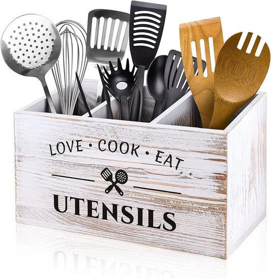 Wood Kitchen Utensil Caddy with 3 Compartments, Rustic Farmhouse Style, Ideal for Storage and Organization, White