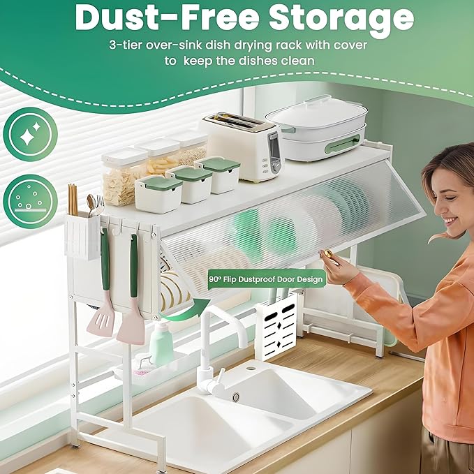 ASIEIT Dish Drying Rack, 3-Tier Over Sink Dish Drying Rack, 33.5" Sink Dish Rack for Small Kitchen, Space-Saving Sink Dish Rack with Cover, Baskets, Utensil, Large Kitchen Storage Organizer White