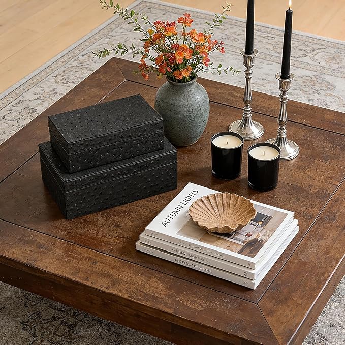 Decorative Storage Boxes Set of 2 Faux Ostrich Leather Decorative Boxes with Lids Large Nesting Jewelry Boxes, Photo Memory Box Modern Home Decor