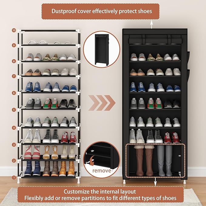 Calmootey 9 Tier Shoe Rack Organizer,Portable Shoe Shelf with Nonwoven Fabric Cover for Closet Hallway,Bedroom,Entryway,Black | Organizer, for Closet, Hallway, Bedroom, Entryway