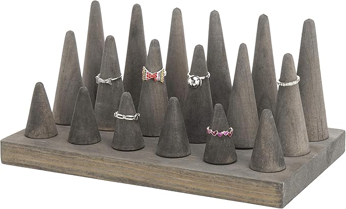 MyGift Vintage Gray Weathered Solid Wood Cone Shaped Ring Holder Tower, Wooden Jewelry Organizer Stand for Home Table or Retail Counter Display Tray, Holds 18 Rings