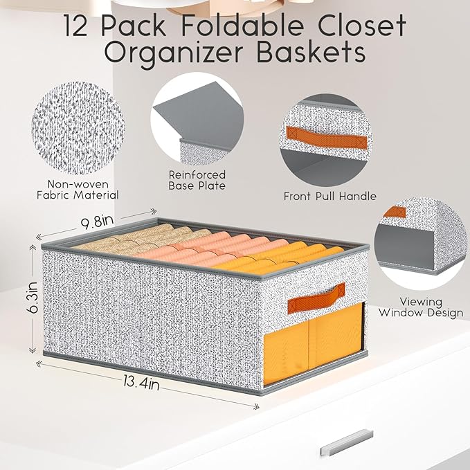 Drawer Organizers and Storage - 12 Pack Foldable Pants Organizer with Clear Window & Handles, Fabric Closet Organizer for Clothes, Jeans, Sweaters, Towels, T-shirt, Scarf (Ant Light Gray)